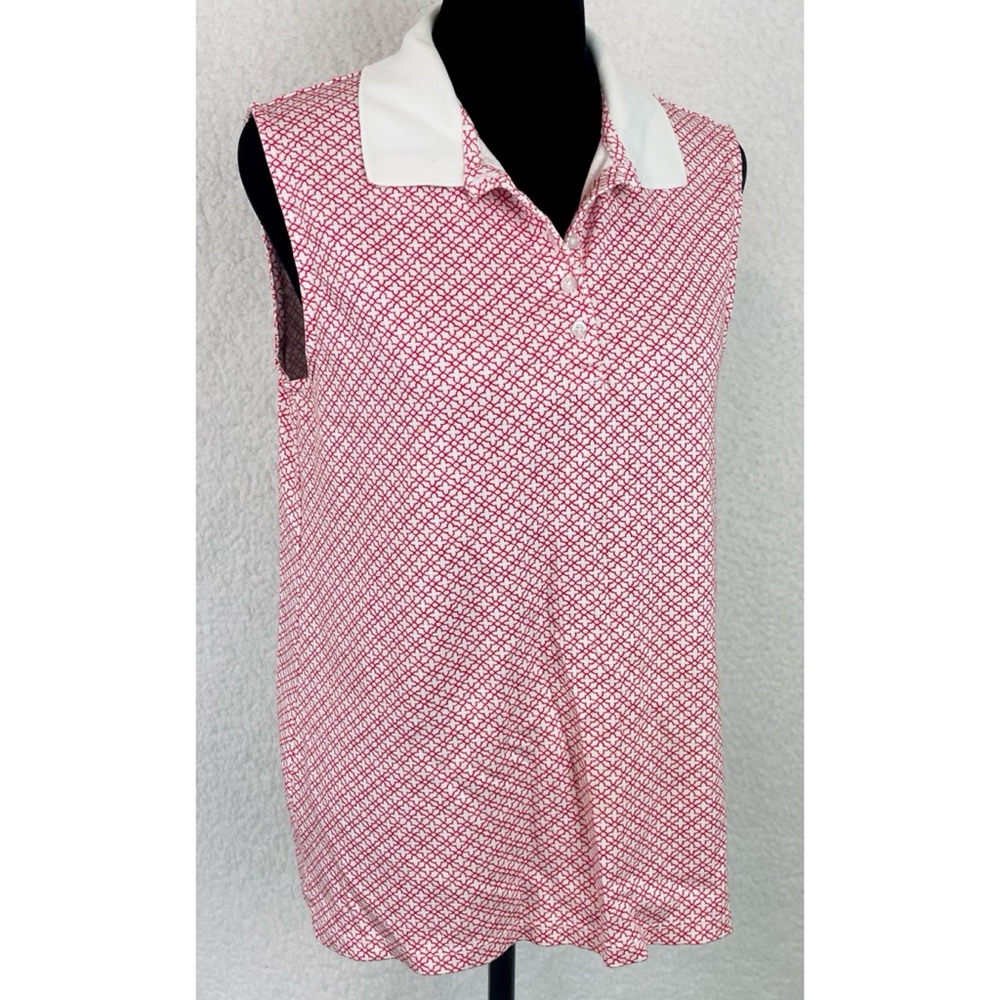 LANDS’ END • Red/White Geometric Print Sleeveless Collared Polo Top, M - Picture 11 of 16